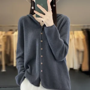 Autumn and Winter New 100% Merino Wool Sweater Women Cashmere Cardigan Knitwear Loose Hoodie Clothing Comfort Tops